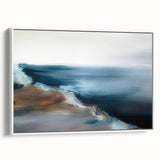 Framed abstract landscape wall art featuring soft earth tones and fluid shapes, elegantly displayed with a white frame, perfect for modern decor.