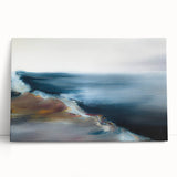 Abstract landscape wall art design featuring vibrant colors and fluid shapes, printed on stretched canvas, leaning against a neutral wall backdrop.