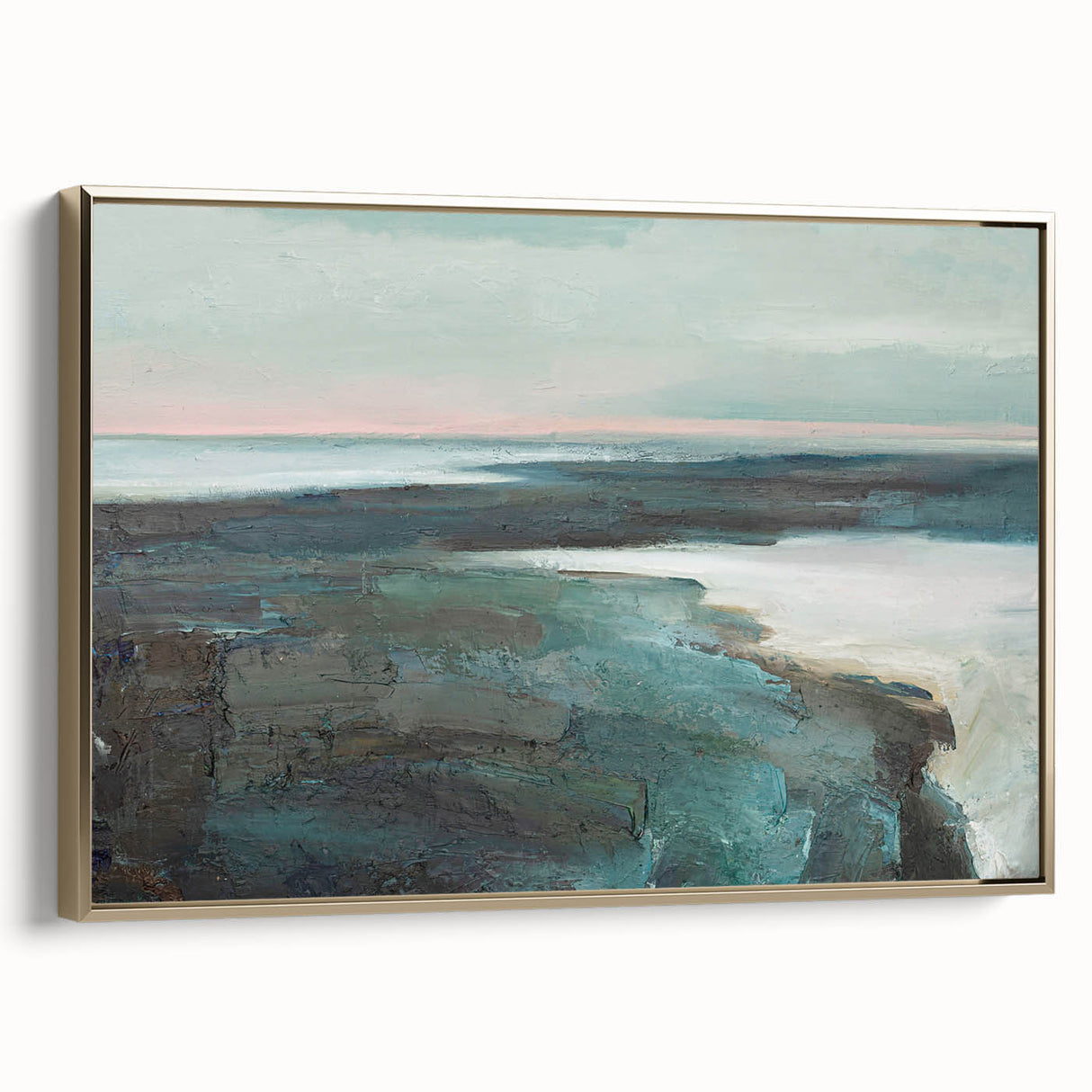 Framed abstract landscape wall art in gold tones, showcasing a contemporary design with textured brush strokes, ideal for modern decor.
