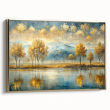Framed abstract landscape wall art collection showcasing vibrant gold accents and textured canvas, enhancing modern decor in any space.