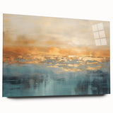 Abstract landscape wall art design showcasing vibrant colors and fluid shapes, printed on acrylic glass, elegantly displayed from the side.
