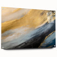 Abstract landscape wall art design featuring vibrant colors and fluid shapes, displayed in an acrylic glass frame with mounting pins for a modern aesthetic.