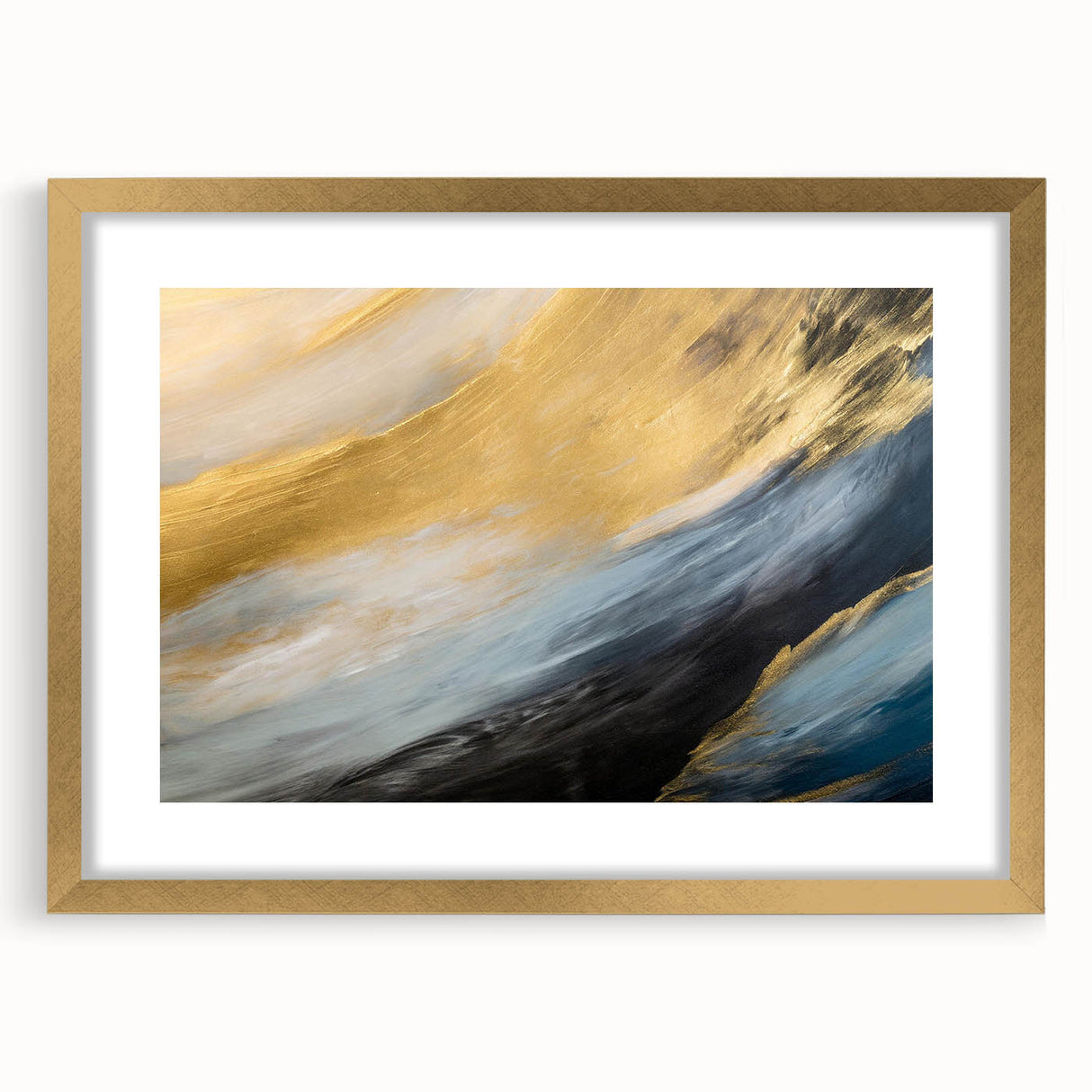 Framed abstract landscape wall art design featuring vibrant colors and gold accents, enhancing modern decor in a stylish setting.