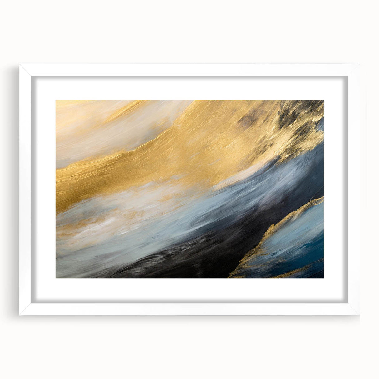 Framed abstract landscape wall art featuring vibrant colors and organic shapes, set in a sleek white mat and frame for modern decor.