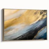 Framed abstract landscape wall art showcasing vibrant gold tones and textured brush strokes, perfect for modern home decor.
