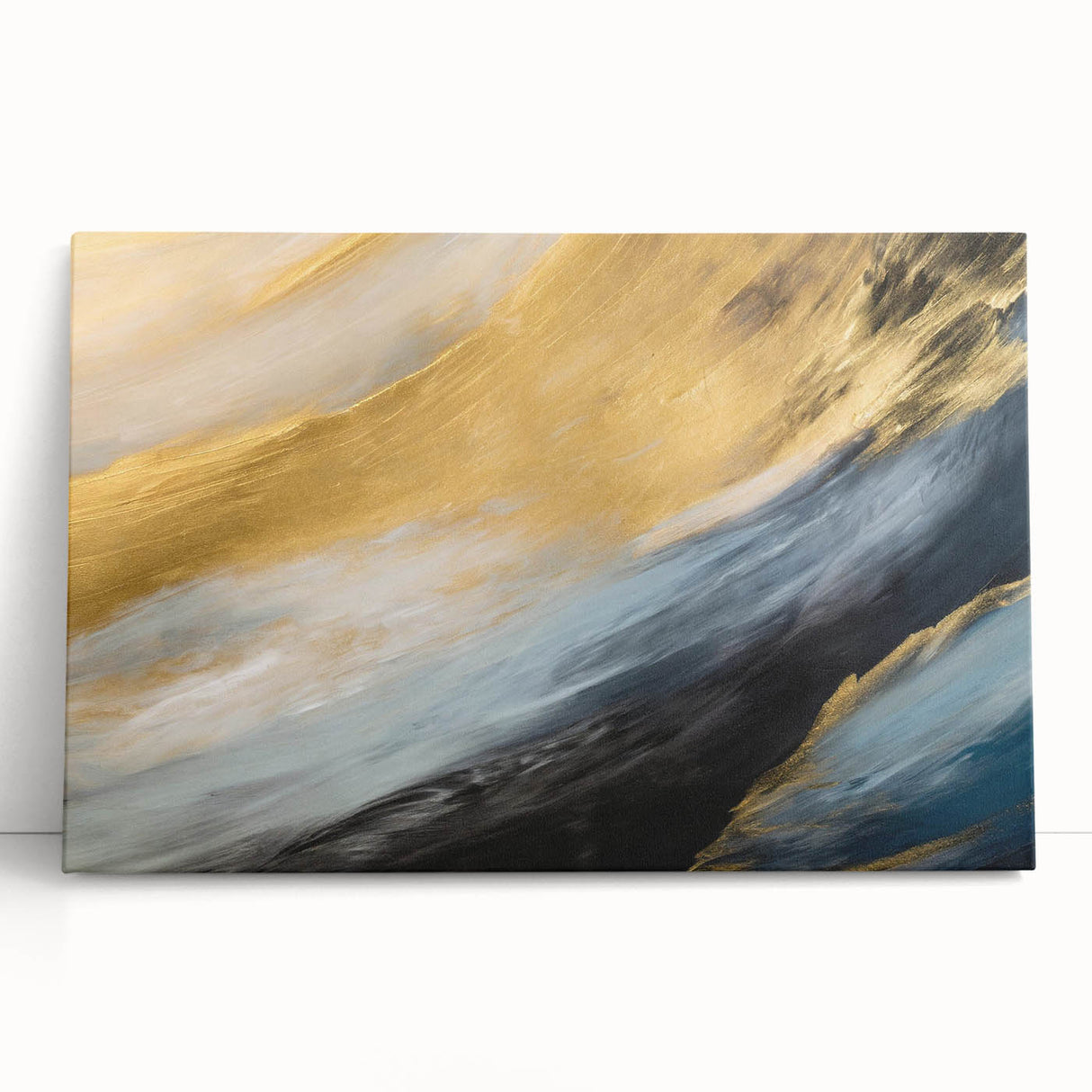 Abstract landscape wall art featuring vibrant colors and fluid shapes, stretched on canvas and elegantly leaning against a wall for display.