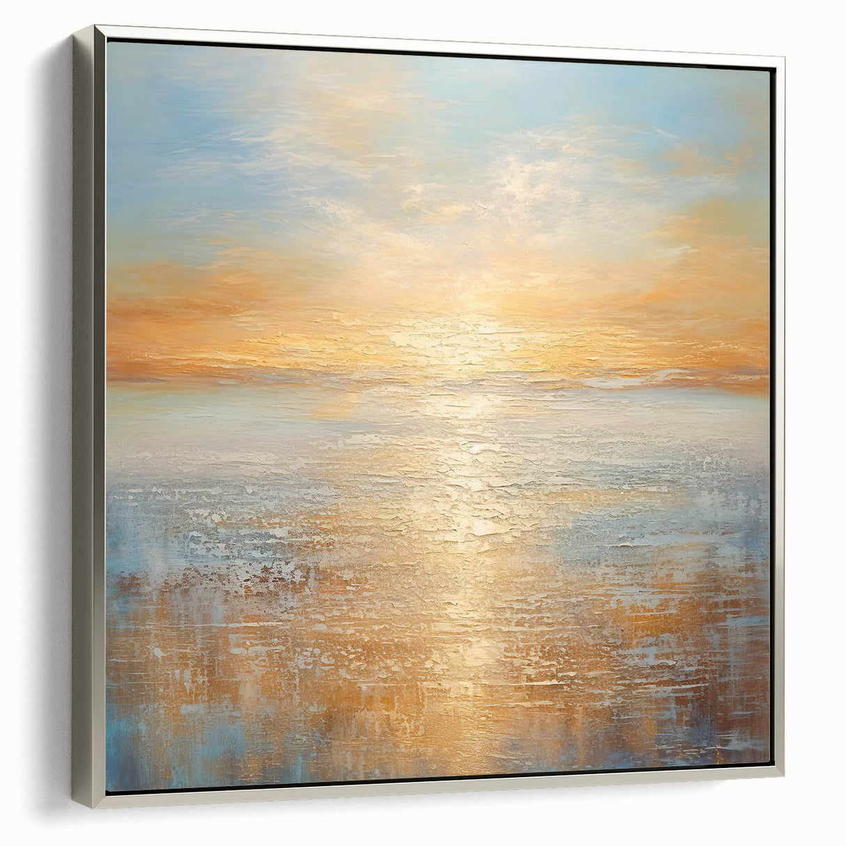 Framed abstract landscape wall art collection showcasing rich colors and textures in a sleek silver frame, ideal for modern decor.