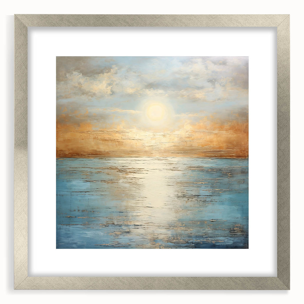 Framed abstract landscape wall art in a silver mat and frame, showcasing vibrant colors and dynamic shapes, perfect for modern decor.