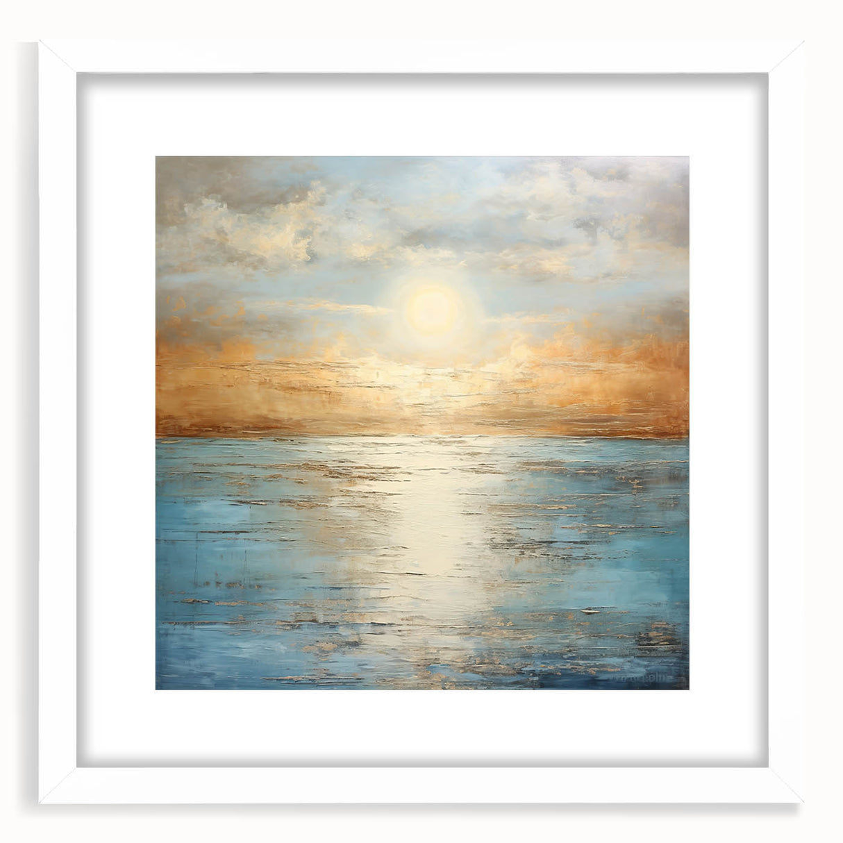 Framed abstract landscape wall art in a white mat and frame, featuring soft earth tones and serene mountain scenery, perfect for modern decor.