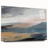 Abstract landscape wall art design showcasing vibrant colors and fluid shapes, elegantly displayed in a modern setting with acrylic glass and pins.