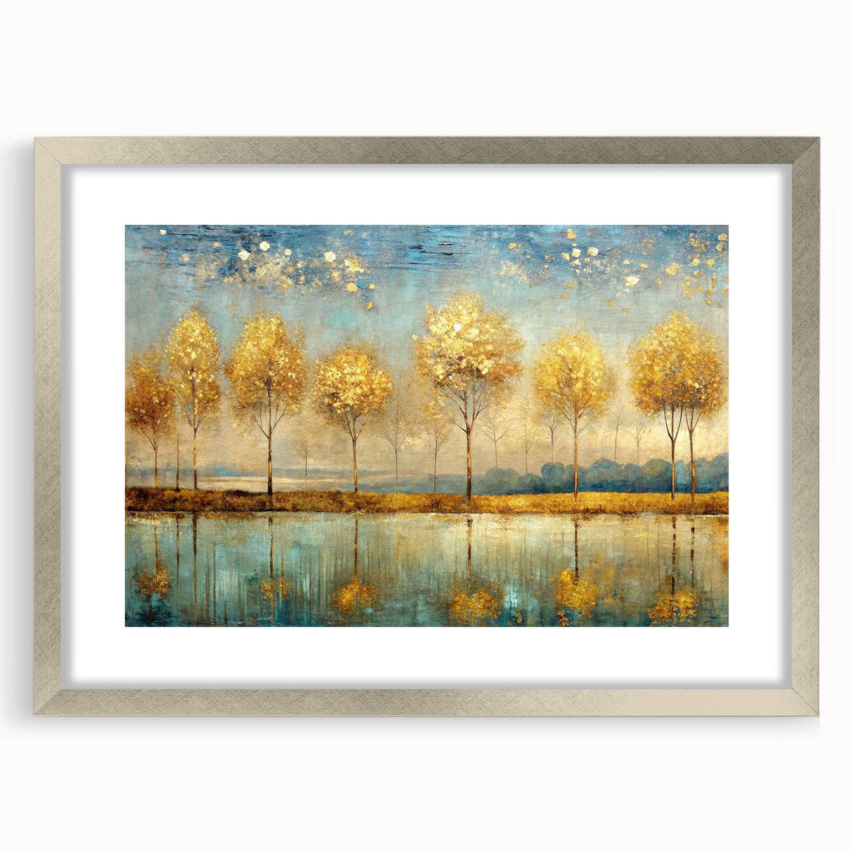 Framed abstract landscape wall art featuring a silver mat and sleek frame, showcasing vibrant colors and modern design elements for stylish decor.
