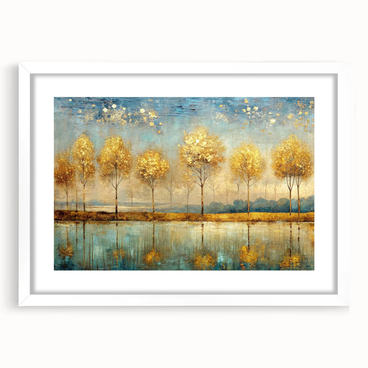 Abstract landscape wall art collection featuring vibrant colors and dynamic shapes, presented in a sleek white frame with matting for an elegant display.
