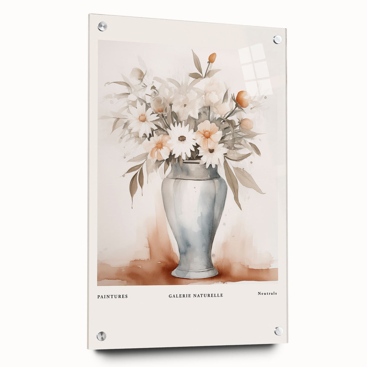 Abstract minimalist wall art design featuring colorful geometric shapes displayed on acrylic glass with metal pins, showcasing a modern aesthetic.