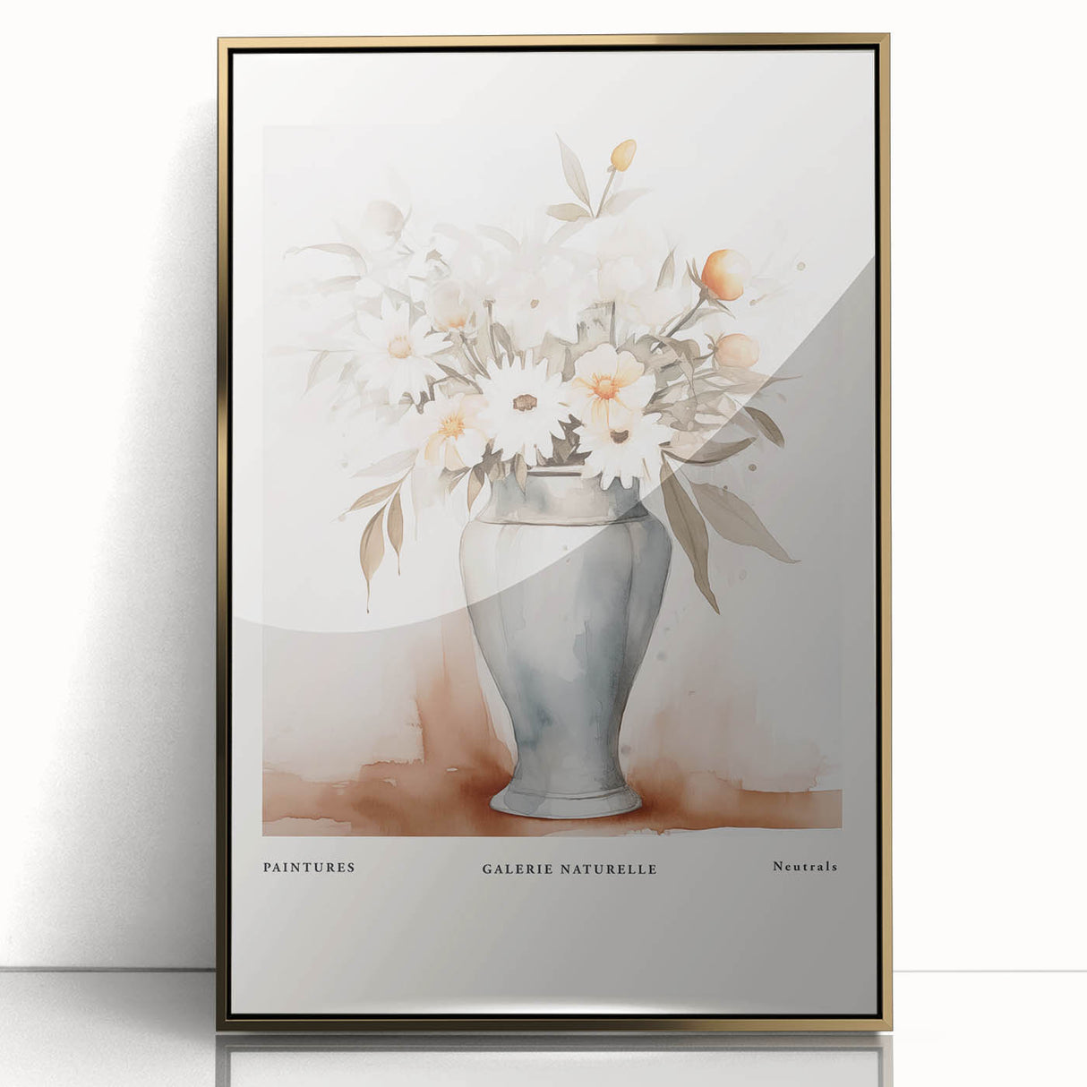 Framed minimalist abstract wall art featuring elegant gold accents and a sleek acrylic front, set against a clean white background.
