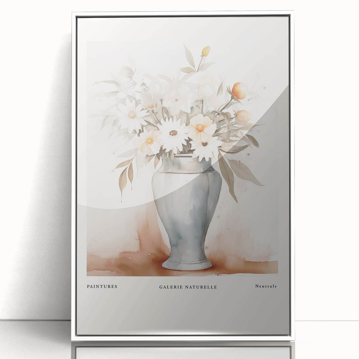 Framed abstract minimalist wall art in a white frame, showcasing soft color gradients and geometric shapes for modern decor.