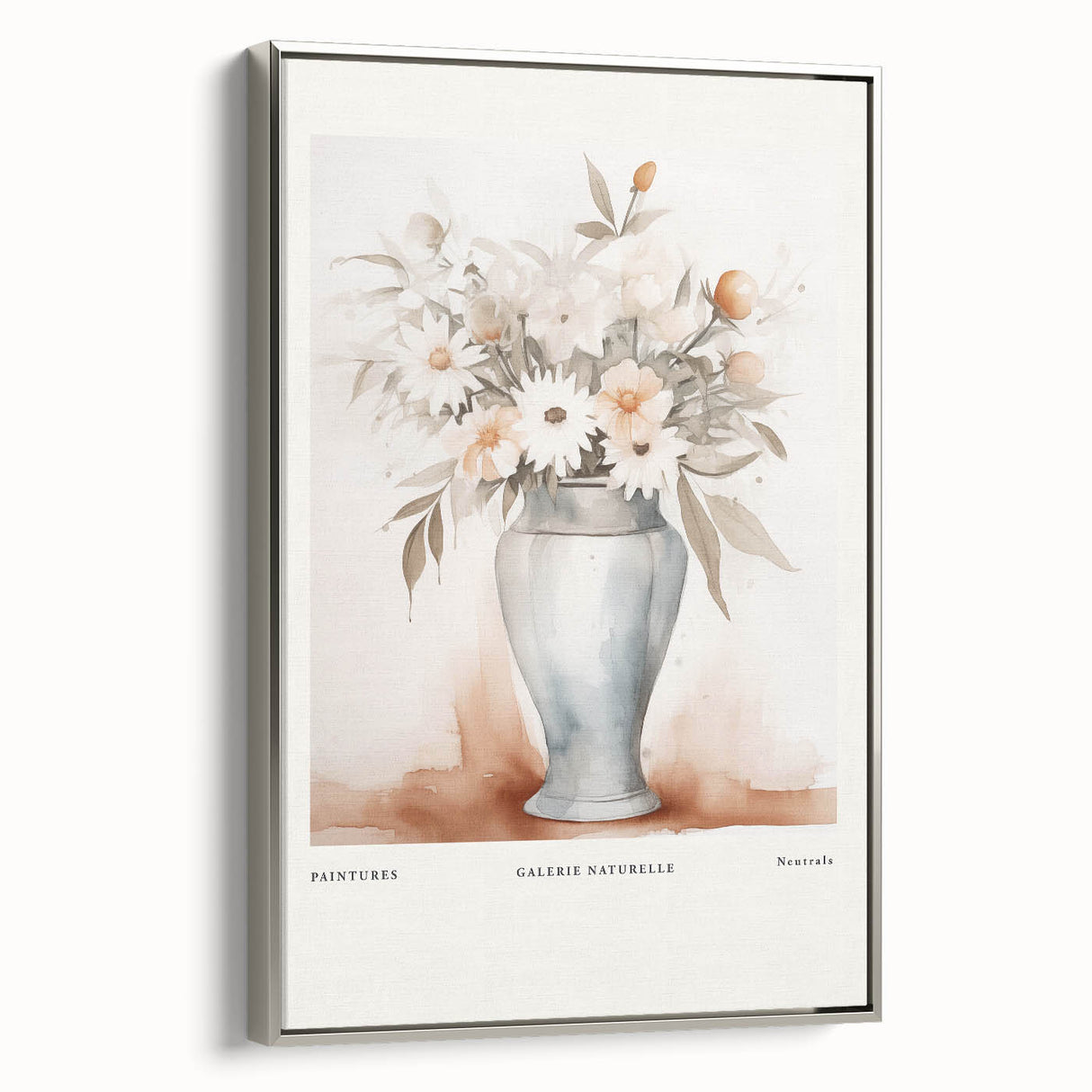 Framed abstract minimalist wall art in silver, showcasing elegant geometric shapes and subtle color transitions, perfect for modern decor.
