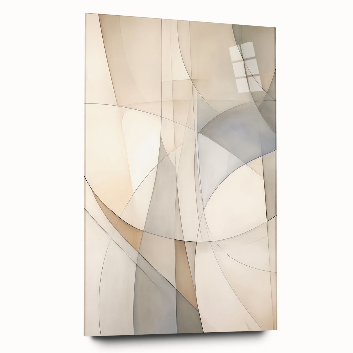 Abstract minimalist wall art design on acrylic glass, showcasing a sleek side view of the collection with vibrant colors and modern aesthetics, ideal for contemporary home decor.