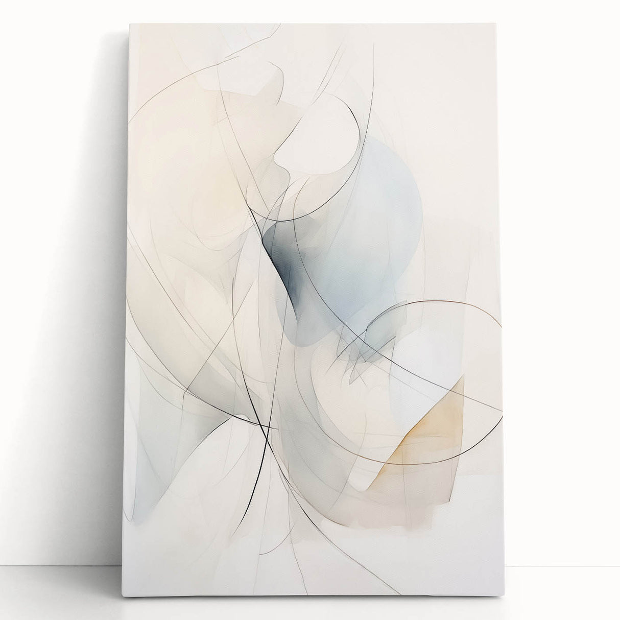 Abstract minimalist wall art design showcasing soft beige and gray tones on stretched canvas, elegantly leaning against a neutral wall, perfect for modern decor.
