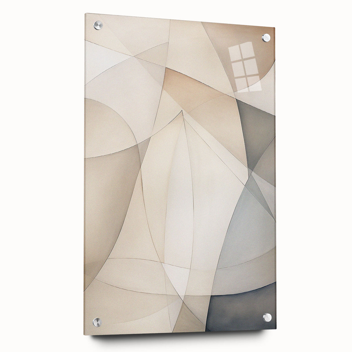 Abstract minimalist wall art collection featuring a sleek acrylic glass design, displayed from a side view with decorative pins, ideal for modern decor.