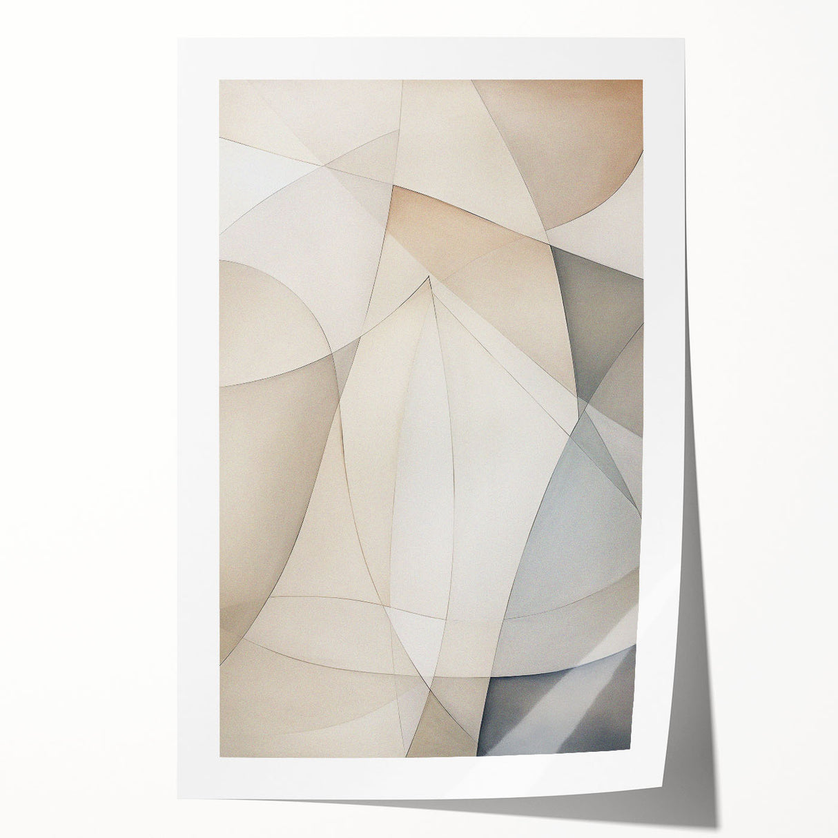 Abstract minimalist wall art print showcasing geometric shapes in soft pastel colors, designed for modern decor, rolled and ready for framing or display.