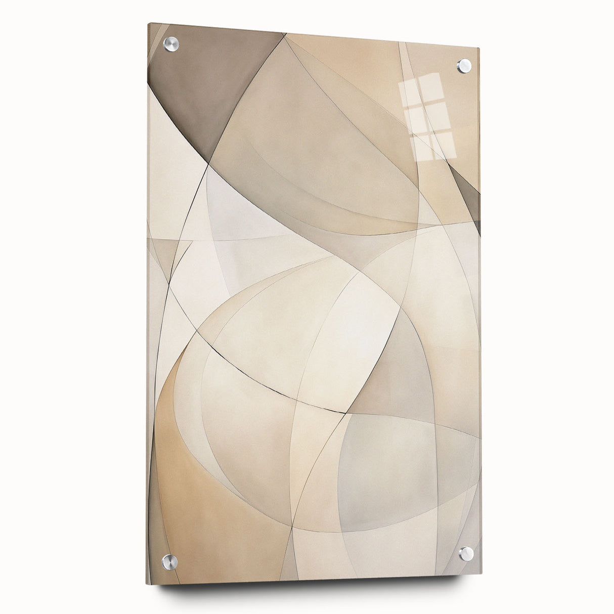 Abstract minimalist wall art design displayed in an acrylic glass frame, showcasing a contemporary aesthetic with a side view highlighting polished edges and pin mounts for modern decor.