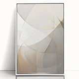 Framed abstract minimalist wall art with a white frame, showcasing vibrant geometric patterns in blue and orange hues, perfect for modern home decor.