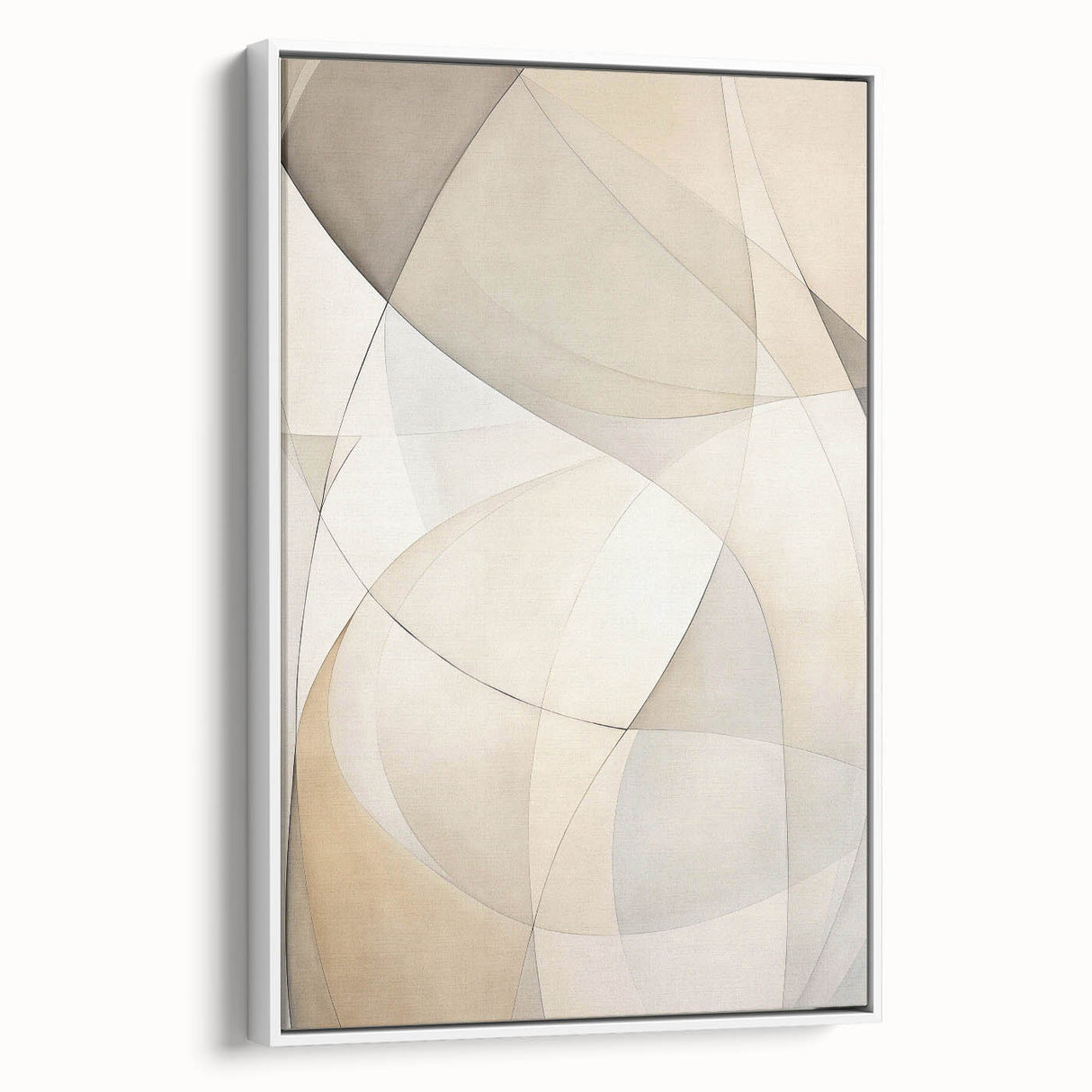Framed minimalist wall art featuring an abstract design in soft white tones, elegantly showcased from the side, ideal for modern home decor.