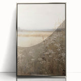 Framed wall art featuring an abstract minimalist design with silver accents, showcasing a modern aesthetic suitable for contemporary home decor. The piece is displayed from a front view, highlighting its sleek lines and sophisticated look.