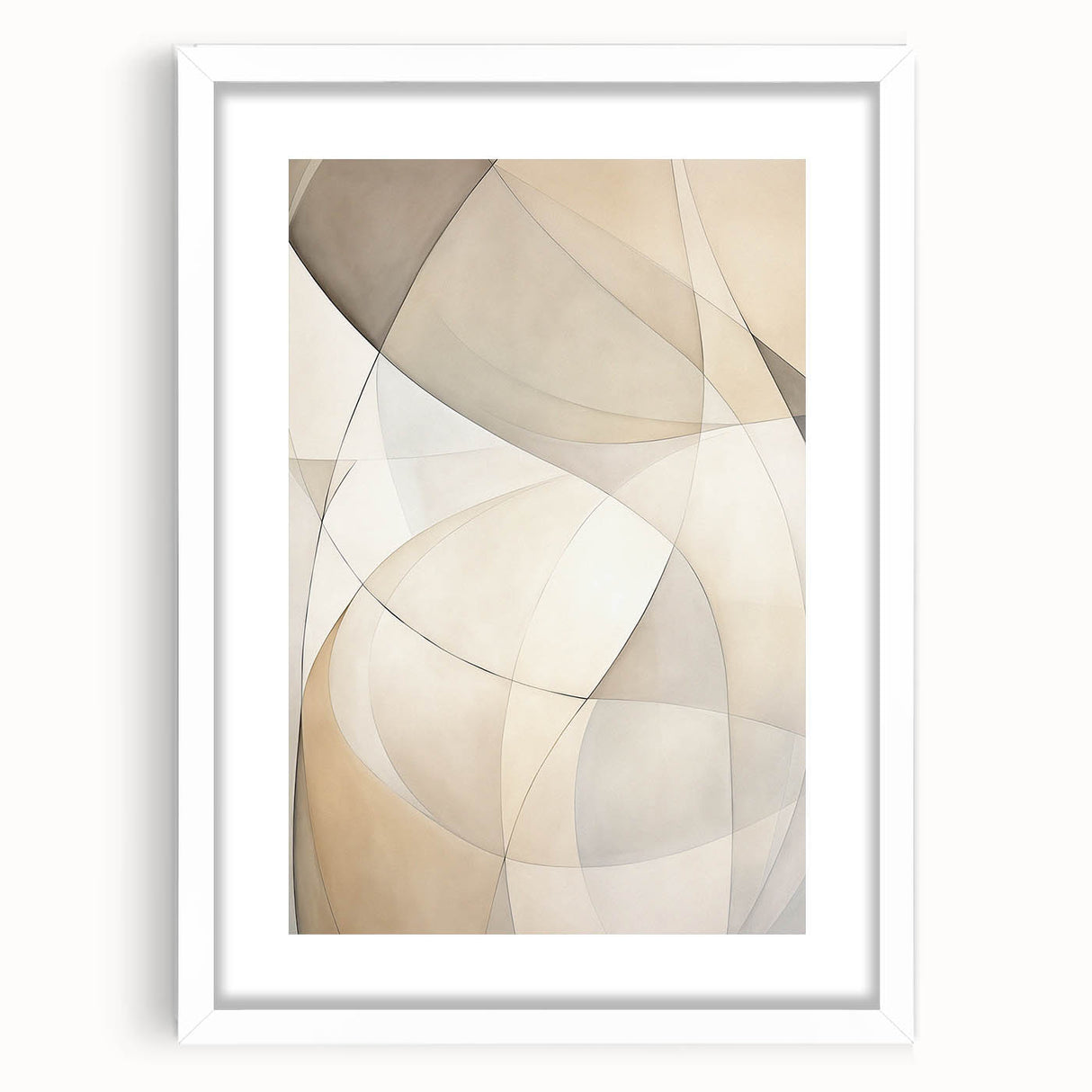 Abstract minimalist wall art framed with a white mat, showcasing a modern design. The piece highlights clean lines and neutral tones, perfect for contemporary decor.