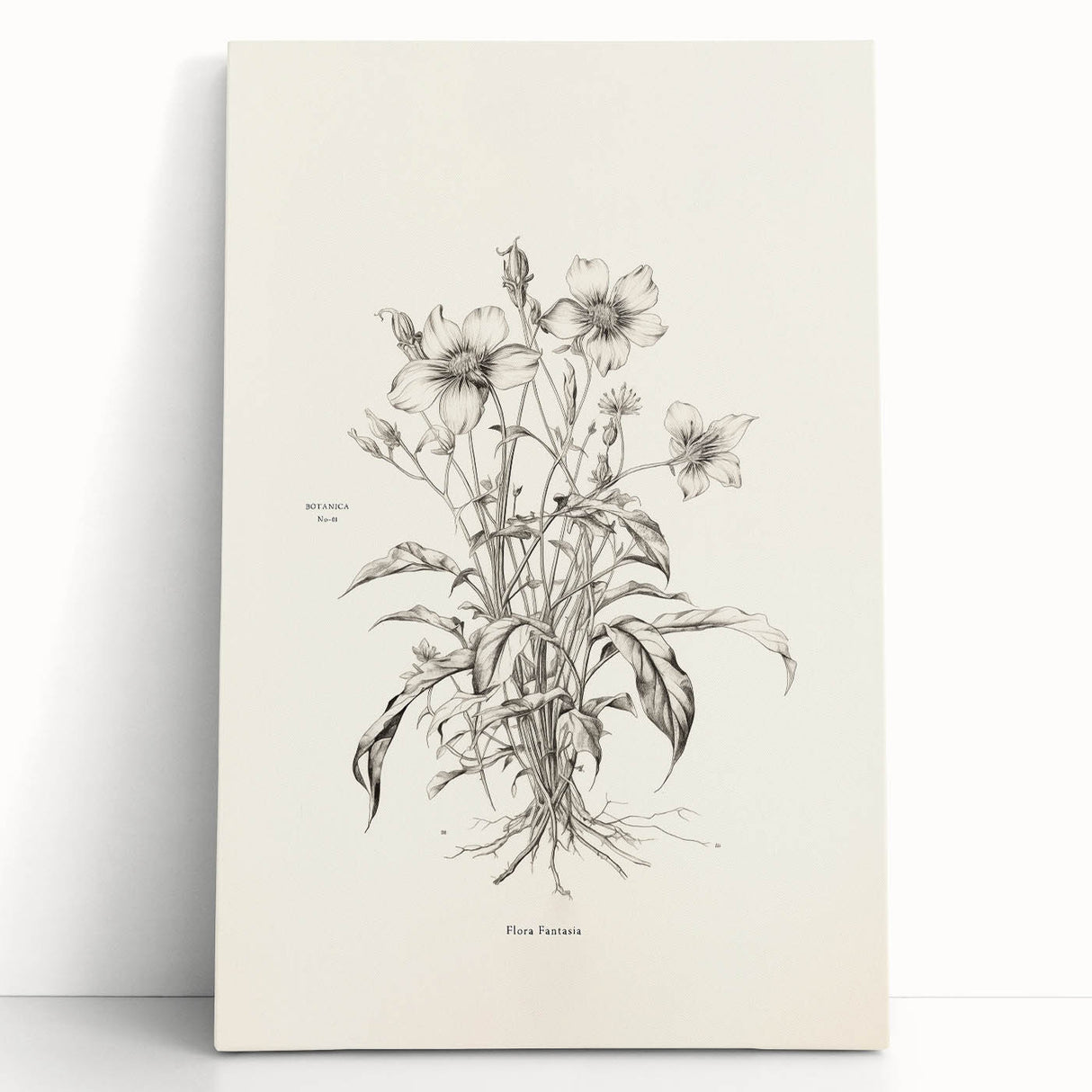 Abstract minimalist design canvas wall art featuring soft earth tones and geometric shapes, elegantly leaning against a neutral-toned wall, perfect for modern decor.