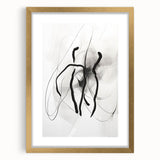 Abstract minimalist wall art design featuring a gold-framed print with a mat, showcasing geometric shapes and soft color tones, ideal for modern home decor.
