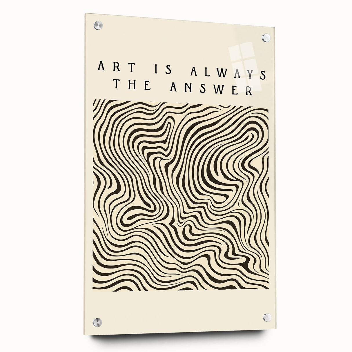 Acrylic glass wall art showcasing an abstract minimalist design with a side view, featuring a vibrant color palette and stylish pins for mounting. Perfect for modern decor.