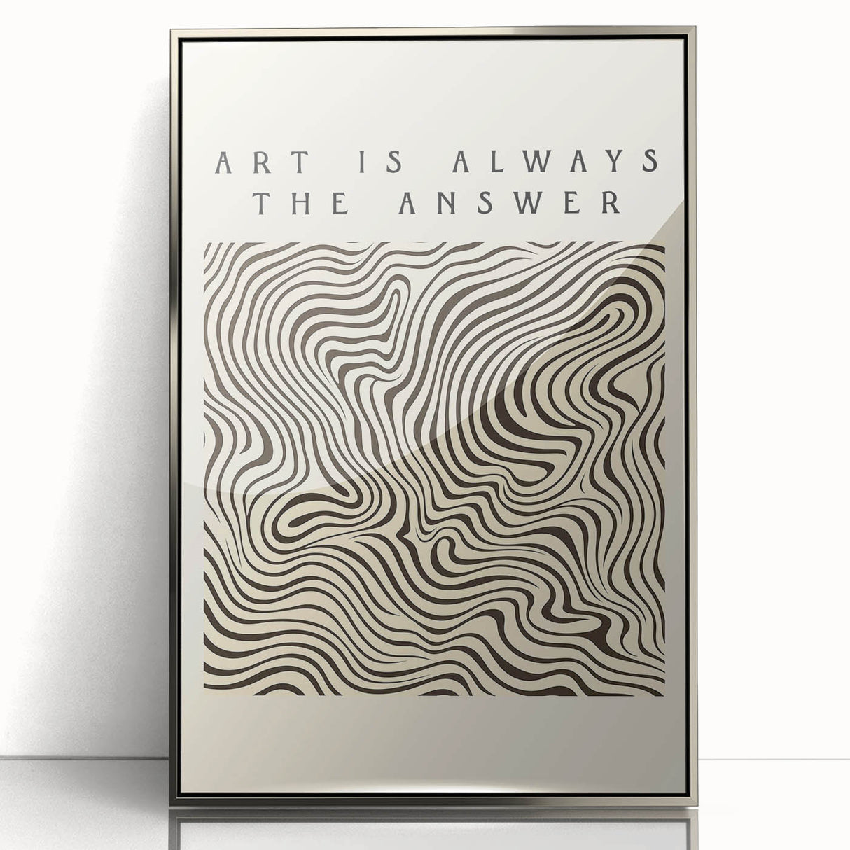 Framed abstract minimalist wall art featuring a sleek silver design, showcasing smooth lines and geometric shapes, perfect for modern decor in any setting.