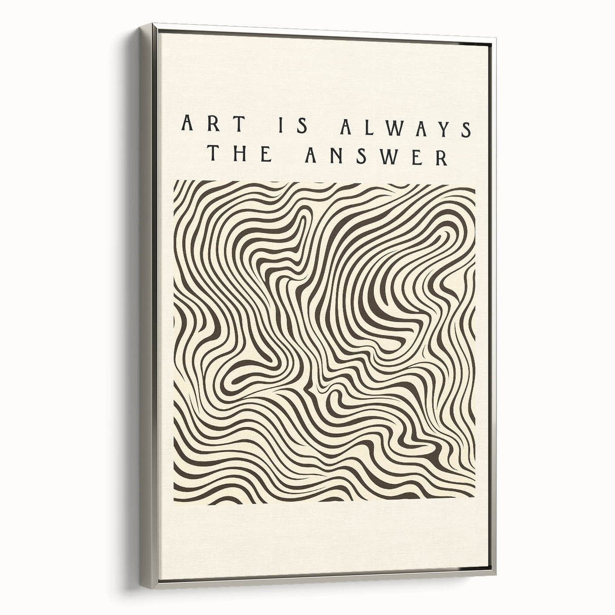 Framed canvas wall art featuring an abstract minimalist design in a silver frame, showcasing modern decor aesthetics for stylish home interiors. The artwork's sleek composition and neutral tones enhance contemporary spaces.