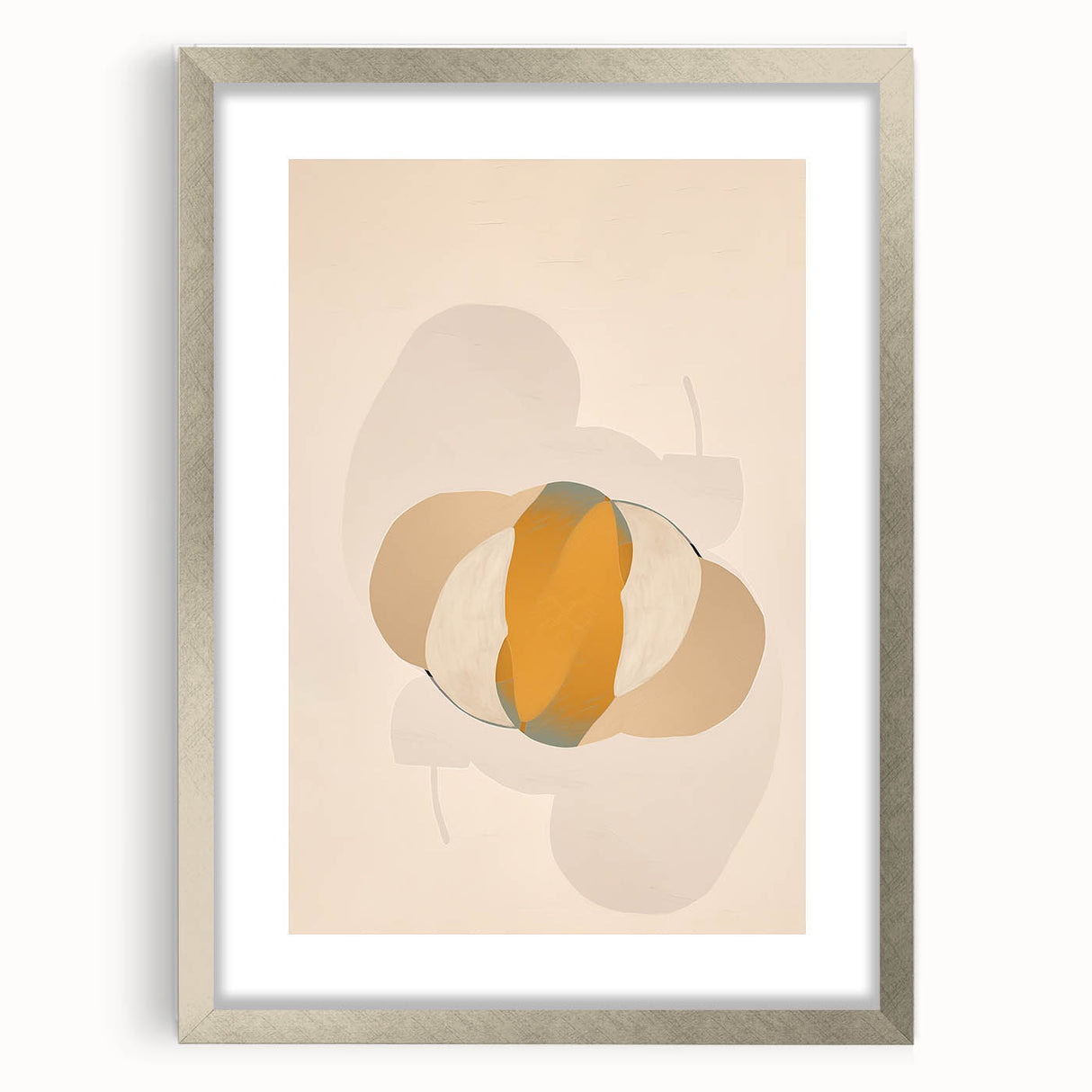 Minimalist silver-framed wall art featuring an abstract design with a mat, showcasing elegant geometric shapes and a harmonious color palette, perfect for modern decor.