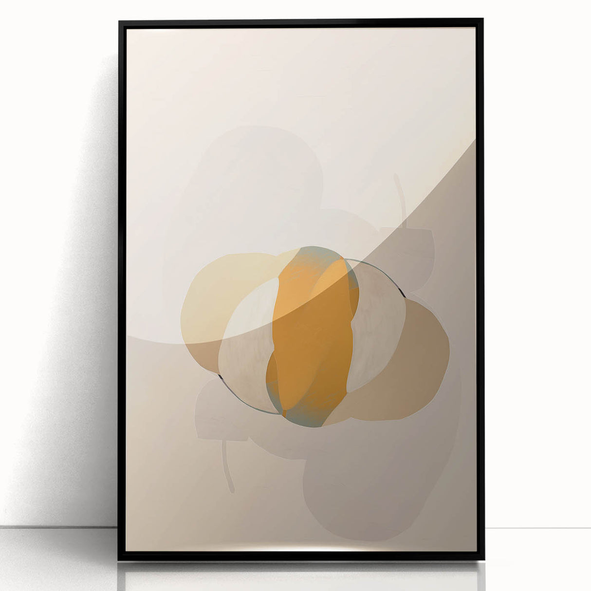 Framed abstract minimalist wall art design showcasing geometric shapes in muted colors, presented from the front view with a sleek black frame, perfect for modern decor.