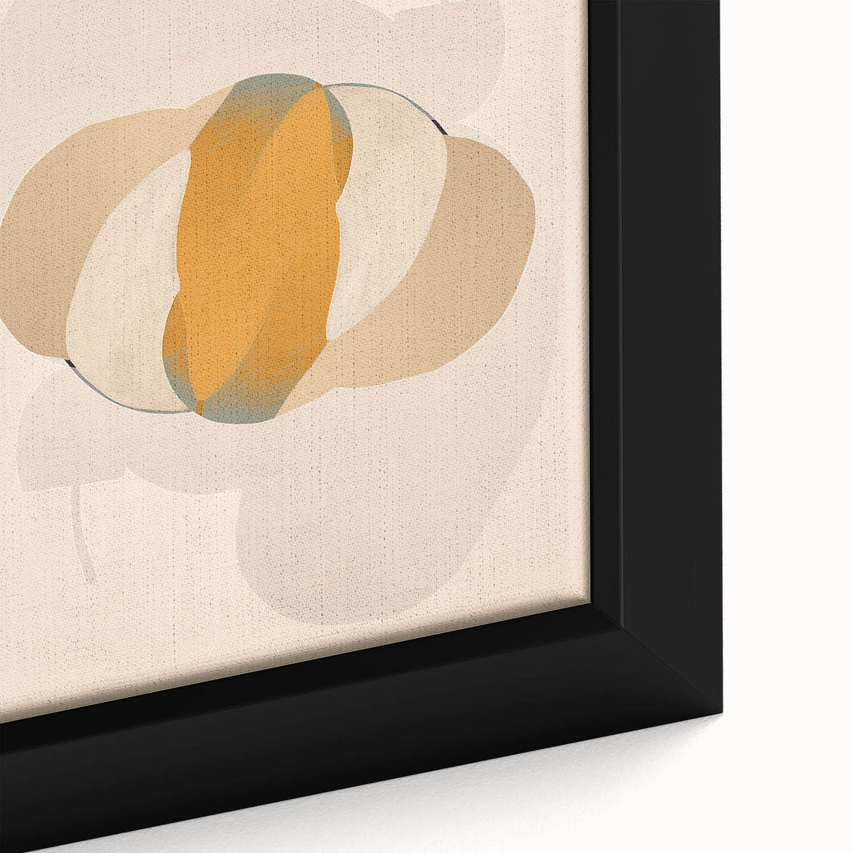 Close-up of an abstract minimalist design framed canvas wall art, showcasing soft pastel colors and geometric shapes, perfect for modern home decor.