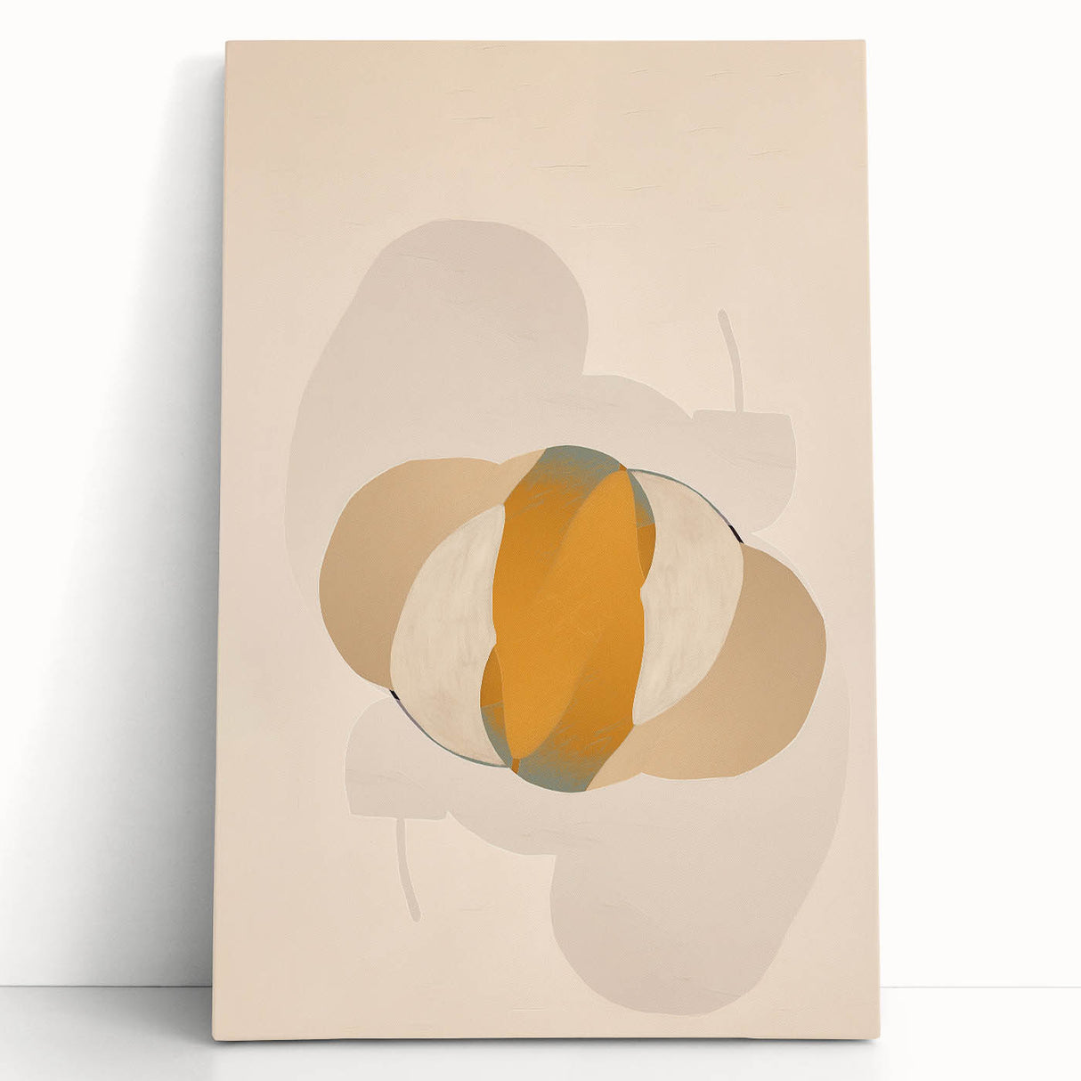 Abstract minimalist wall art design featuring a vibrant color palette of blues and oranges on stretched canvas, leaning against a neutral wall, enhancing contemporary decor.