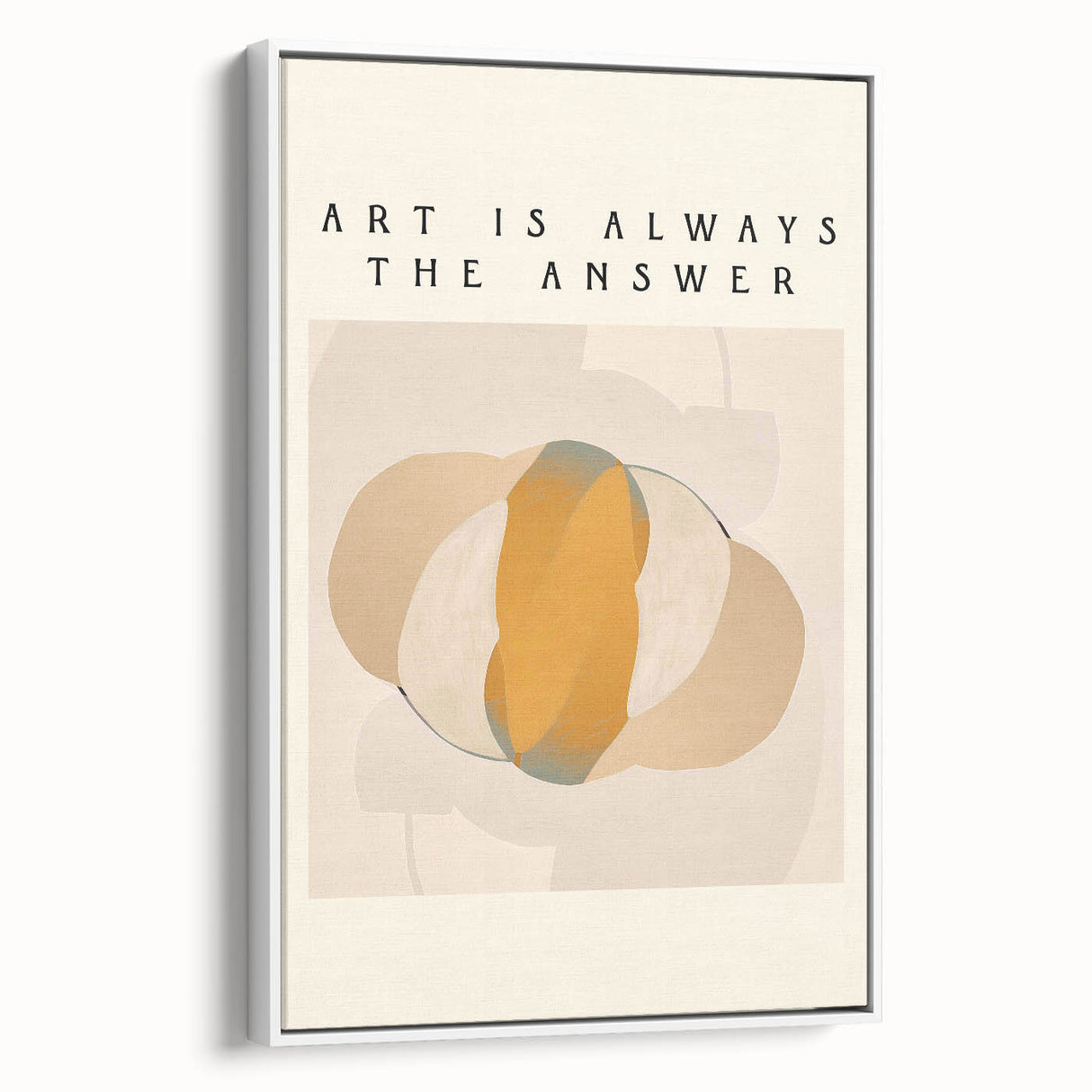 Framed canvas wall art showcasing an abstract minimalist design with soft white tones, elegantly displayed from a side view, perfect for modern decor.