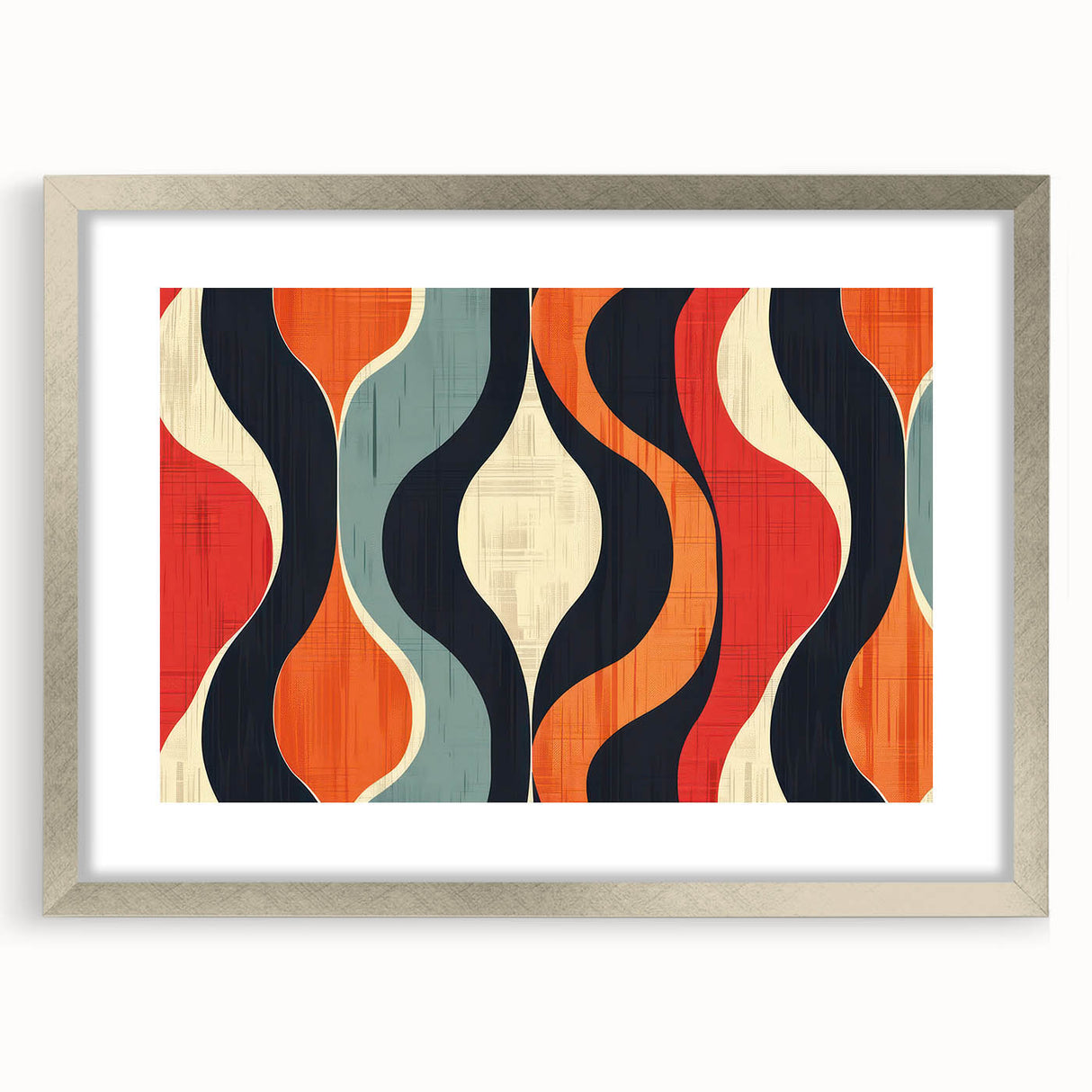 Minimalist abstract wall art framed in silver, showcasing a sleek design with matting, ideal for modern decor and enhancing interior spaces.