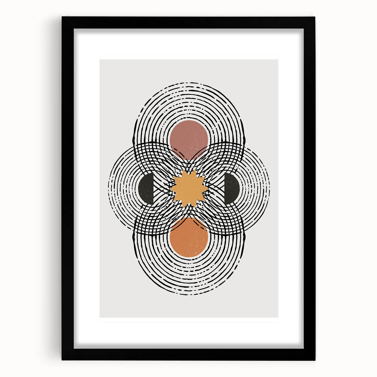 Abstract minimalist wall art featuring a sleek black frame and mat, showcasing a modern design perfect for contemporary home decor. Ideal for living rooms or offices, this piece adds an elegant touch to any space.