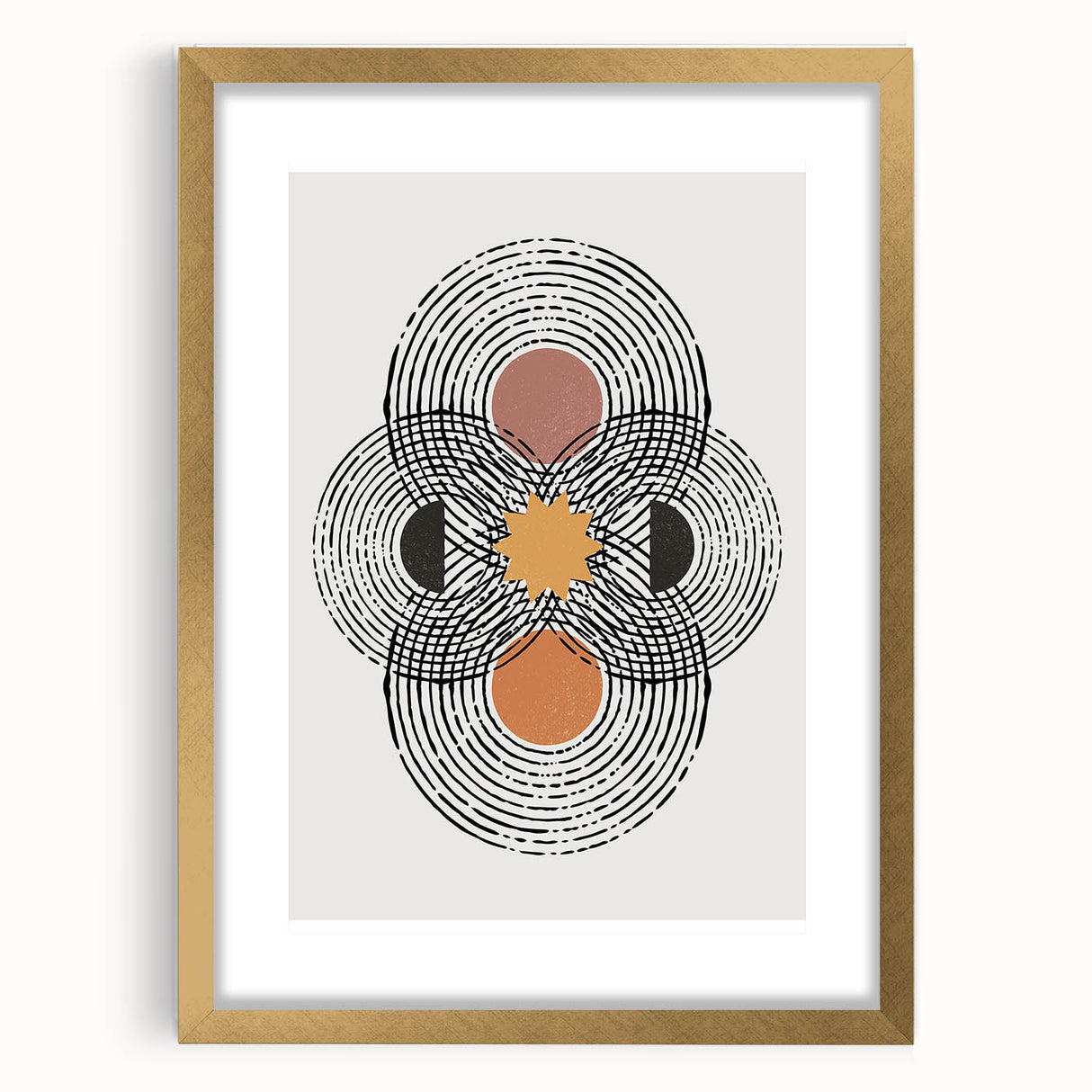 Abstract minimalist wall art collection featuring a framed piece with a gold mat, showcasing elegant geometric patterns, perfect for modern home decor.