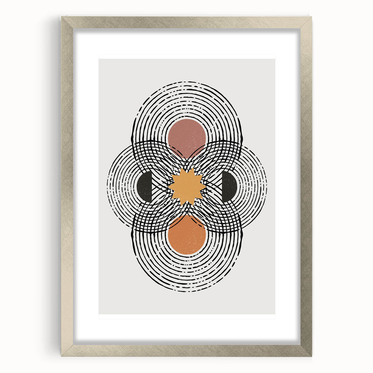 Abstract minimalist wall art design framed with a silver mat, showcasing geometric patterns and soft color hues, perfect for modern home decor and artistic aesthetics.