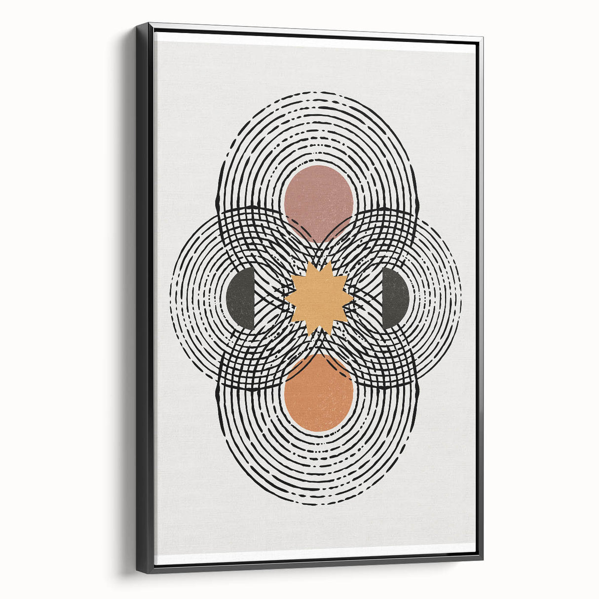 Framed canvas artwork showcasing an abstract minimalist design with a black frame, highlighting geometric shapes and muted colors, perfect for modern decor.