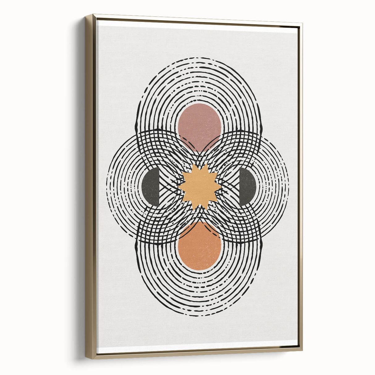 Framed canvas wall art showcasing an abstract minimalist design with gold accents, elegantly displayed from a side view, perfect for modern decor.