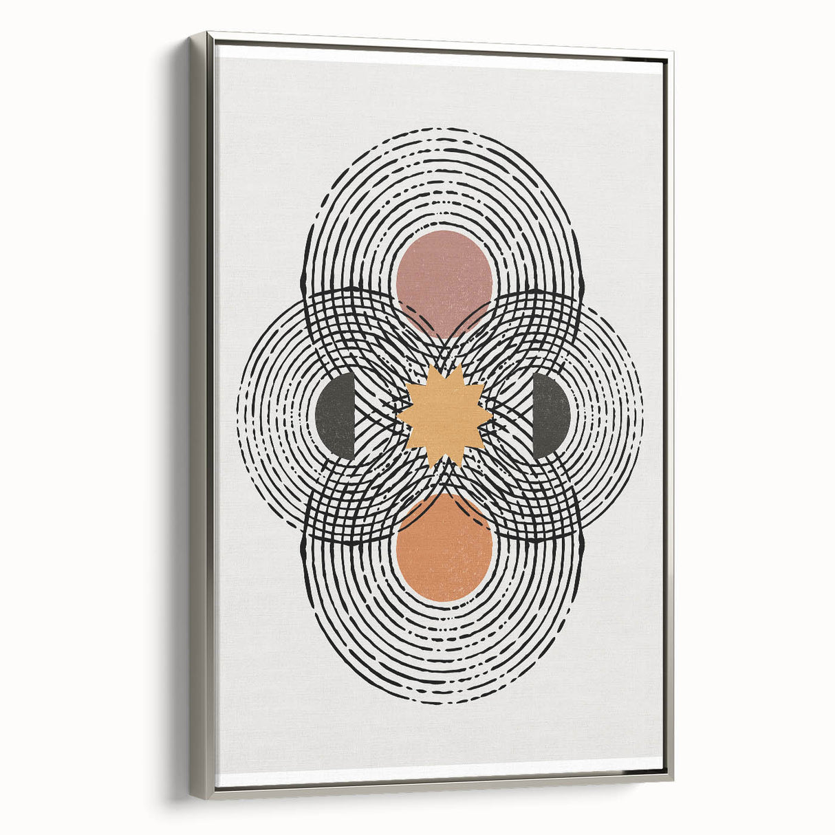 Framed minimalist wall art featuring an abstract design in silver tones, showcasing a contemporary aesthetic suitable for modern home decor. The canvas is elegantly displayed from a side view, highlighting its sleek profile and artistic appeal.