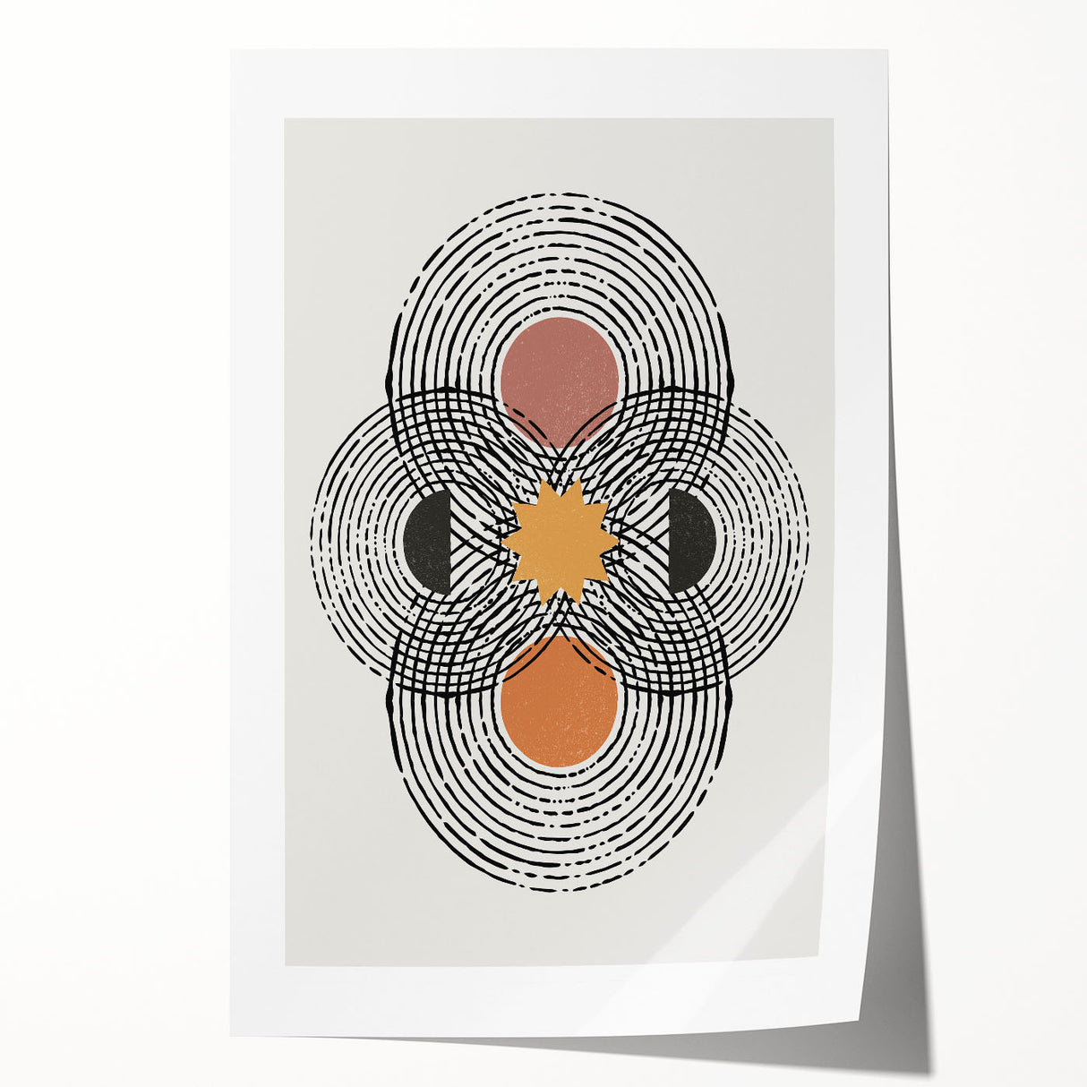 Abstract minimalist wall art print showcasing a blend of soft pastel colors and geometric shapes, perfect for modern home decor. This rolled design adds a contemporary touch to any space.