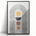 Framed abstract minimalist wall art design featuring a sleek black frame, showcasing elegant, geometric patterns in soft, muted colors. Perfect for modern decor.