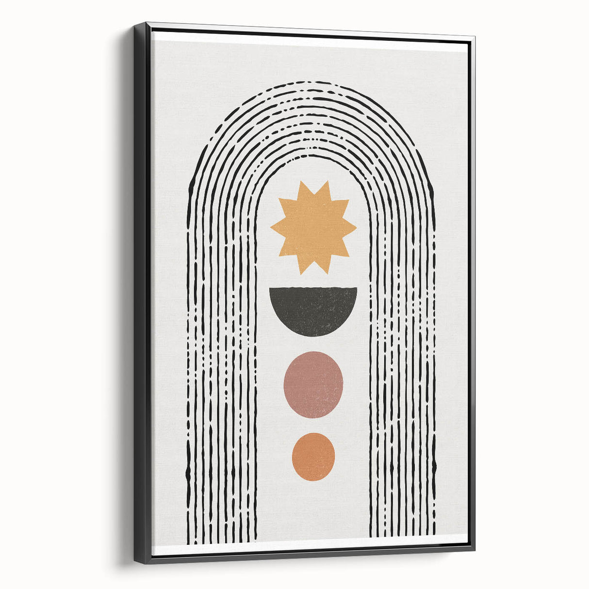 Framed abstract minimalist wall art featuring a black and white design with clean lines, displayed in a side view to highlight its sleek profile and modern aesthetic, ideal for contemporary home decor.