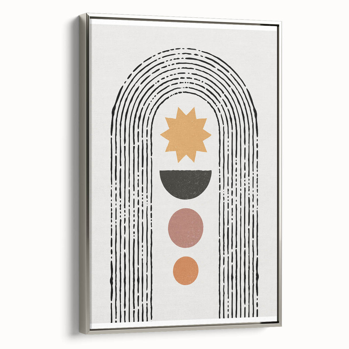 Framed canvas wall art showcasing an abstract minimalist design with silver accents, displayed from a side view against a neutral background, ideal for modern decor.